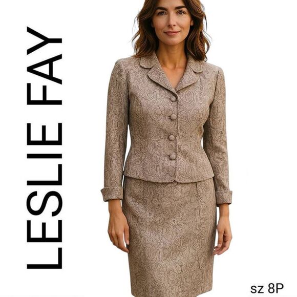 Leslie Fay Dresses & Skirts - Leslie Fay Neutral Paisley & Floral Ruffled Sleeve Feminine Skirt Suit